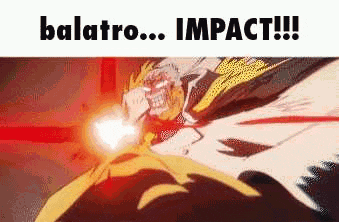 a cartoon of a man holding a sword with the words `` balatro ... impact !! '' written on it .