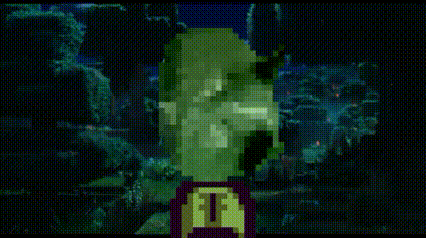 a pixel art of a girl in a green outfit standing in a field .
