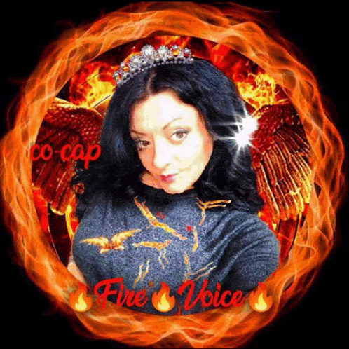 a woman is surrounded by flames and the words fire voice