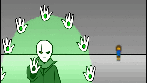 a cartoon of a man in a green coat surrounded by green hands .