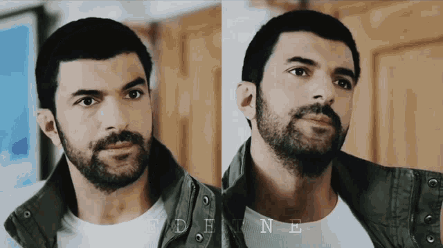 a man with a beard has the name edene written on his shirt