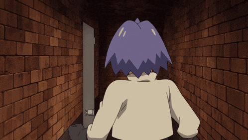 a cartoon character with purple hair is walking down a hallway