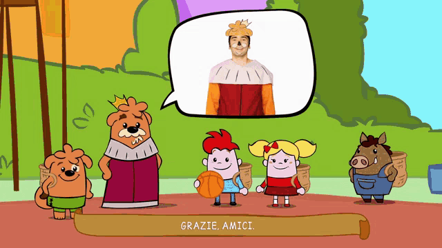 a group of cartoon characters are standing around a sign that says grazie amici