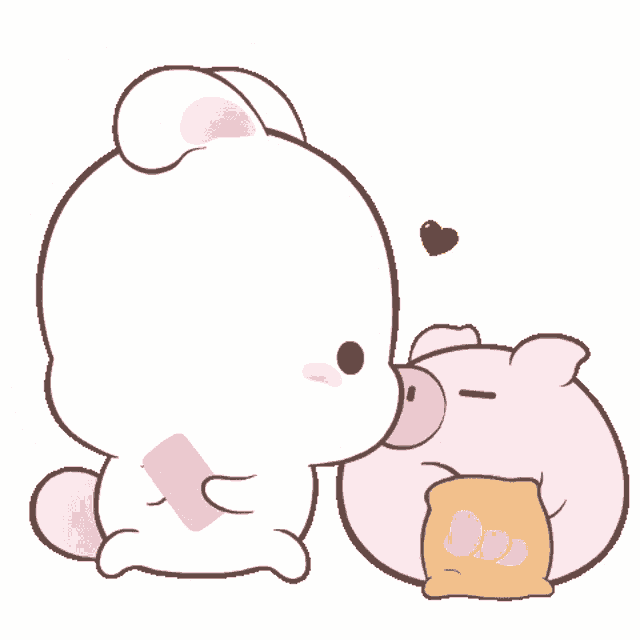 a cartoon rabbit is holding a cell phone next to a pig that is eating chips