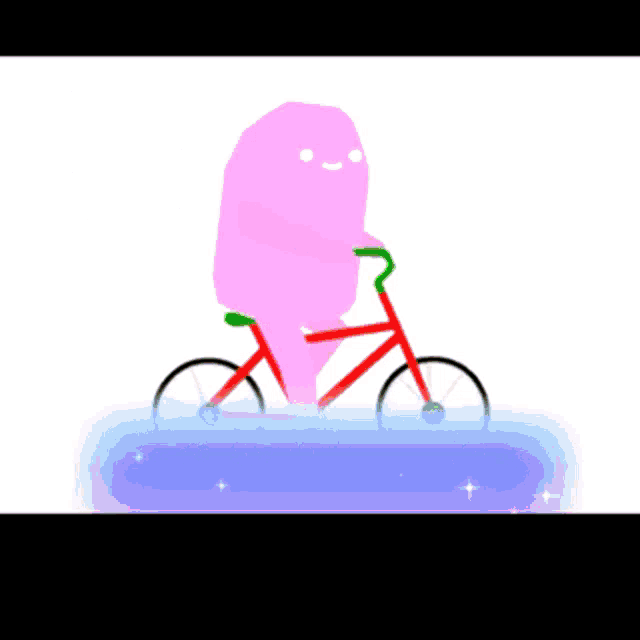 a cartoon drawing of a pink ghost riding a red bike