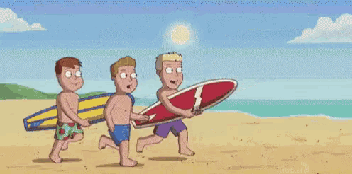 a cartoon of three men carrying surfboards on the beach .