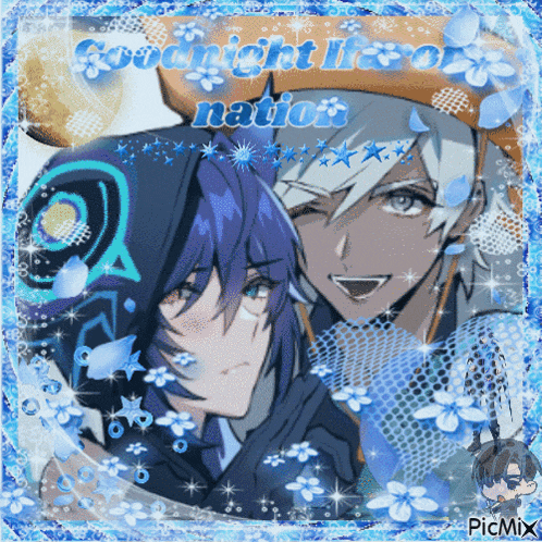 a picture of two anime characters with the words goodnight hero nation written on it