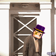 a man in a suit and top hat stands in front of a door