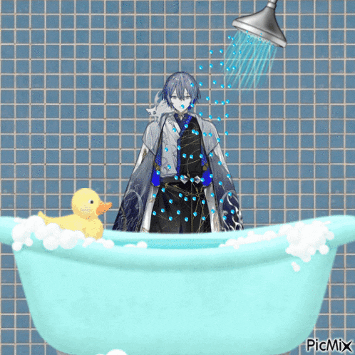 a picture of a man taking a shower with a rubber duck