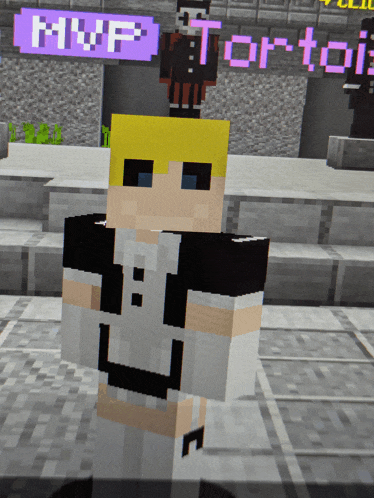 a minecraft character standing in front of a sign that says mvp