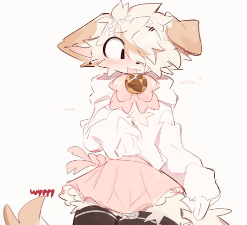 a drawing of a dog wearing a pink dress with the word wea written on the bottom right