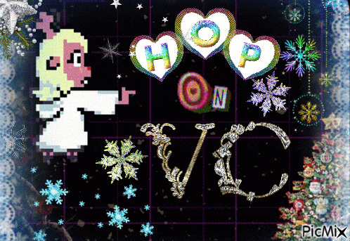 a christmas greeting card with a cartoon angel and the word hop
