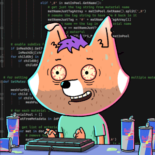 a cartoon of a fox sitting at a computer with red bull cans in front of him