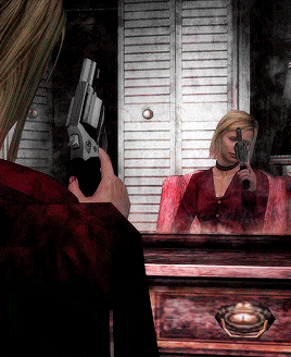 a woman is holding a gun in front of a mirror with a reflection of herself