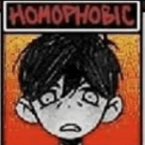 a cartoon of a boy with black hair and a sign that says `` homophobic '' .
