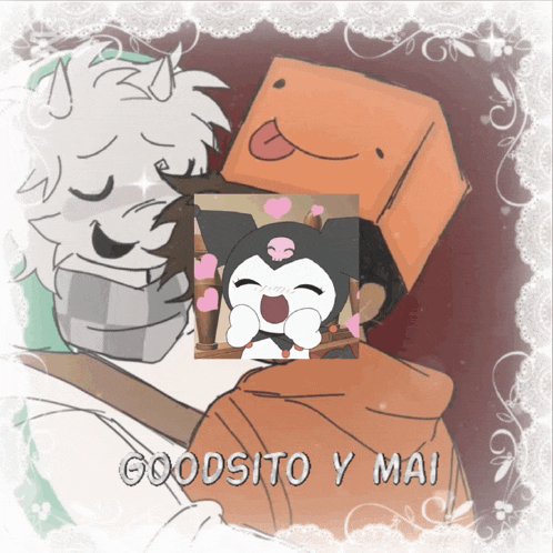 a drawing of a person with a box on their head and the words goodsito y mai below it
