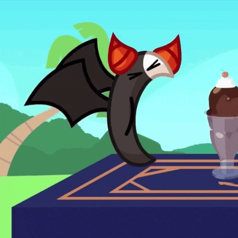 a cartoon bat is standing next to a chocolate sundae