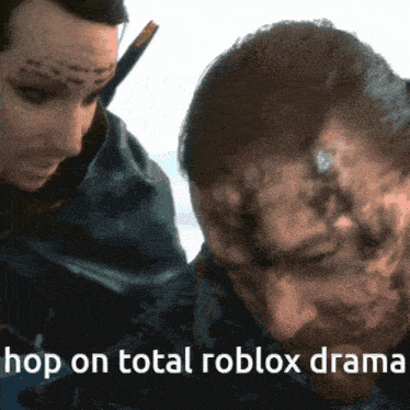 two men are standing next to each other with the words hop on total roblox drama above them