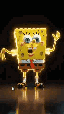 spongebob squarepants is glowing in the dark and making a surprised face .