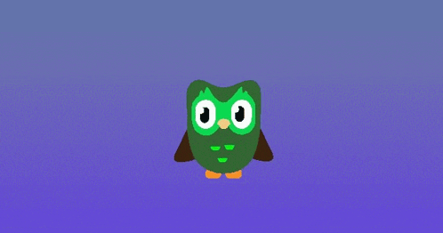 a green owl with a purple background and orange feet is standing on a purple surface .