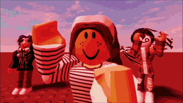 a group of roblox characters are standing in a field with a purple sky in the background