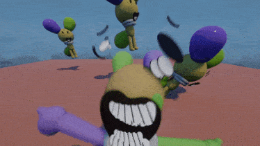 a cartoon character with a big mouth is surrounded by other characters