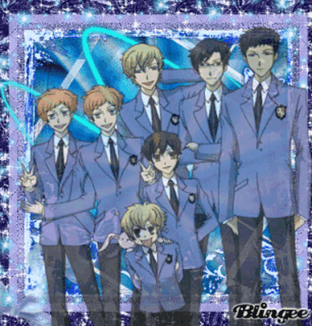 a group of anime characters are posing for a picture with the word blingee on the bottom right