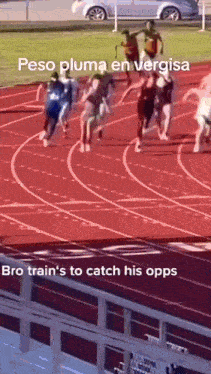 a group of runners are running on a track with the caption peso pluma en vergisa bro train 's to catch his opps