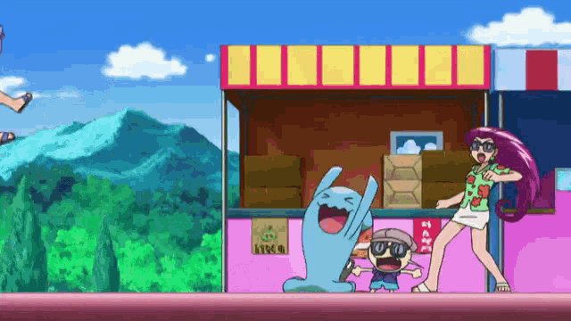 a group of cartoon characters are standing next to each other in front of a building .