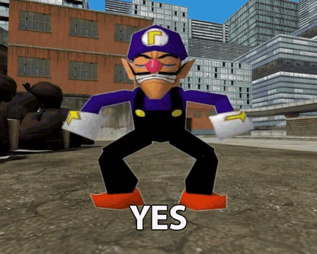 a video game character with a purple hat and a pink nose says yes