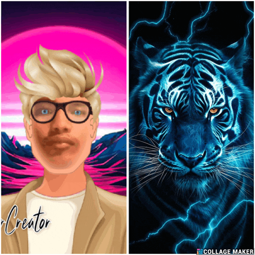 a collage of a man and a blue tiger