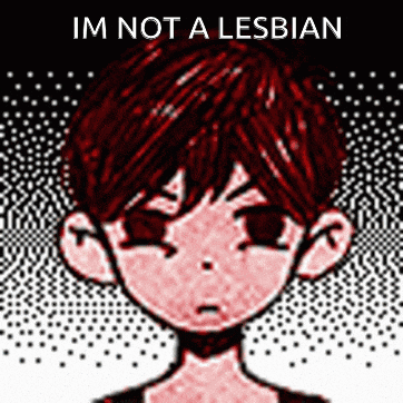 a pixel art of a boy with red hair and the words `` im not a lesbian '' written above him .