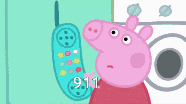a cartoon of peppa pig talking on a cell phone with the number 911