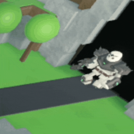 a skeleton is walking down a path in a video game with trees in the background .