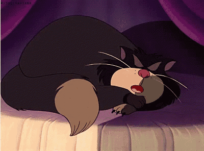 a cartoon cat is laying down on a bed with a purple curtain behind it