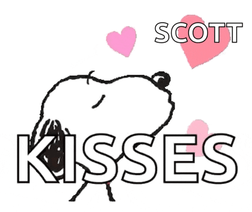 a picture of snoopy kissing scott with hearts behind him