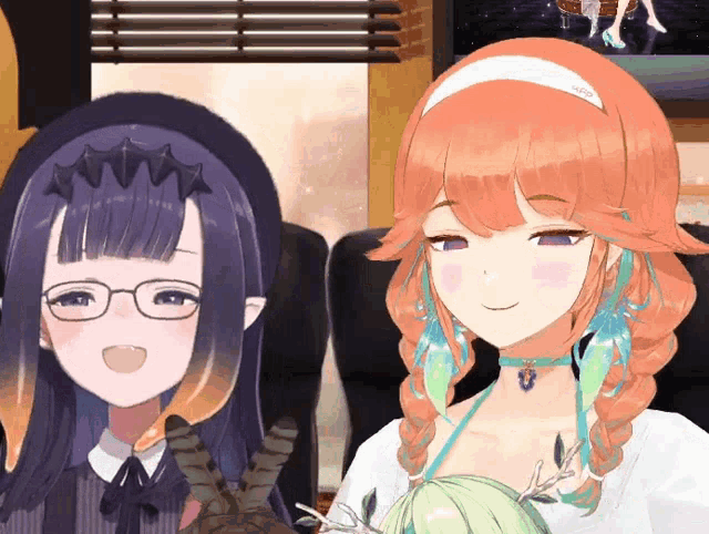 two anime girls are sitting next to each other with one wearing glasses and the other wearing a choker