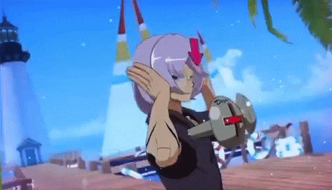 a girl with purple hair is standing on a dock holding a dumbbell .