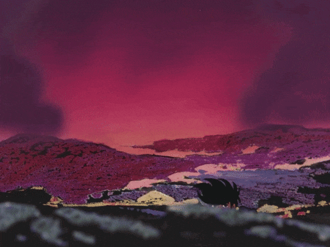 a man in a blue jacket is standing in front of a pink sky