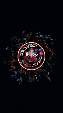 a revolution music station logo with a picture of a person in the center
