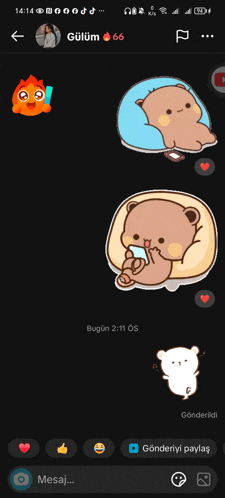 a screenshot of a messaging app with a sticker of a bear