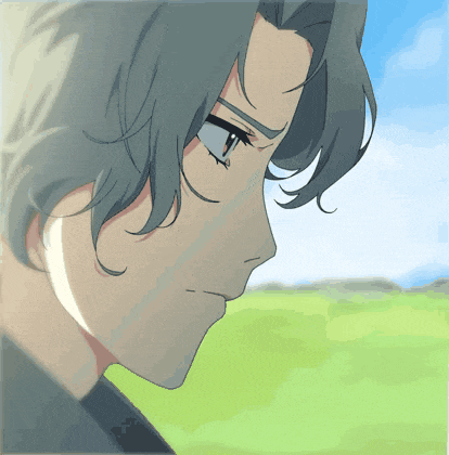 a drawing of a man 's face with a field in the background