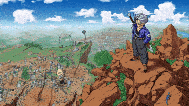 a cartoon of trunks standing on top of a rocky mountain