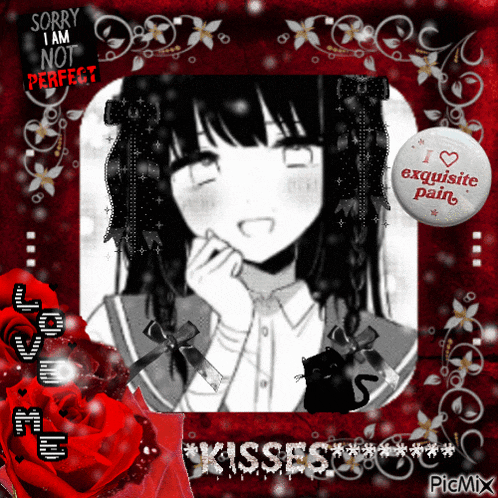 a picture of a girl with a badge that says i love exquisite pain