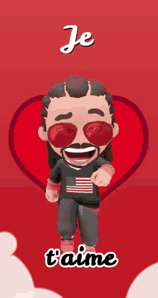 a cartoon character says je t'aime in front of a heart shaped background