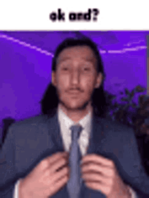 a man in a suit and tie is adjusting his tie in front of a purple wall .