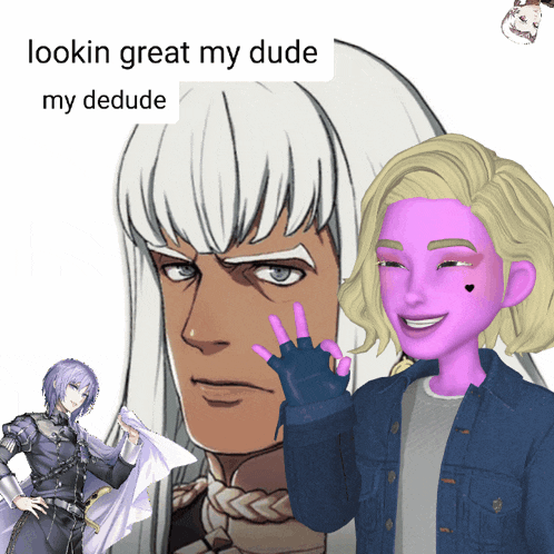 a picture of a man and a girl with a caption that says lookin great my dude my dedue