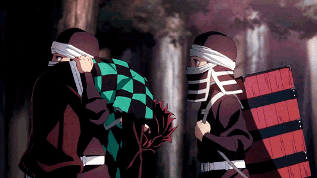 a group of ninjas are standing in a forest and one of them is wearing a plaid shirt