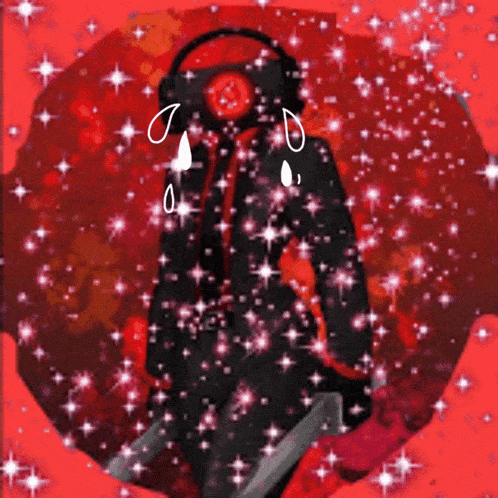 a drawing of a person wearing headphones and holding a knife with a red background