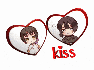 a couple of hearts with the word kiss in red